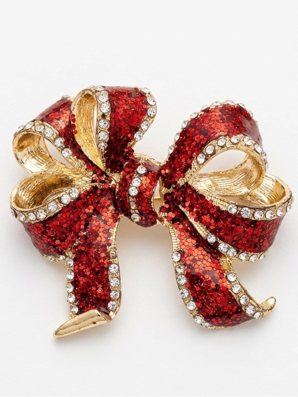 Red Enamel Glitter Ribbon Bow Pin Brooch Rhinestones Christmas Jewelry